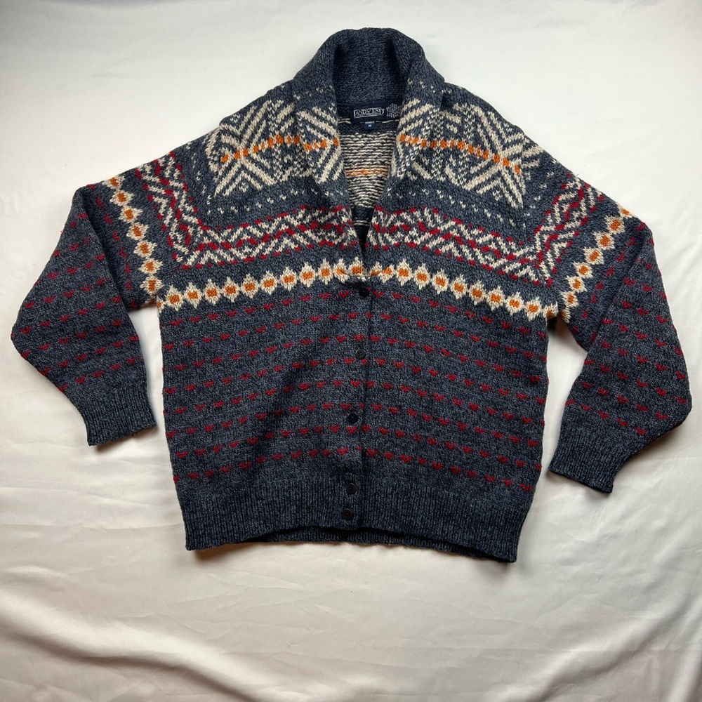 Lands’ End women’s Shawl Collar Fair Isle Wool Cardigan Sz M